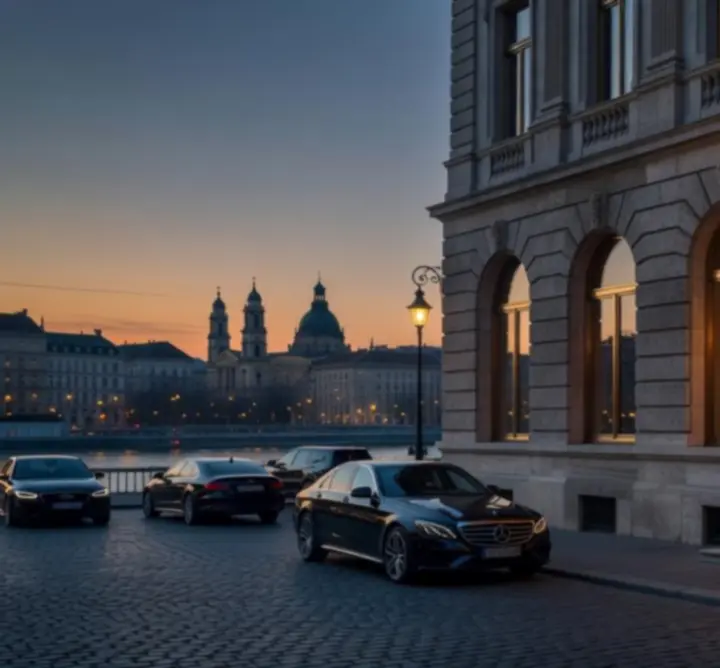 Budapest belvárosi utcakép elegáns étteremhomlokzattal este