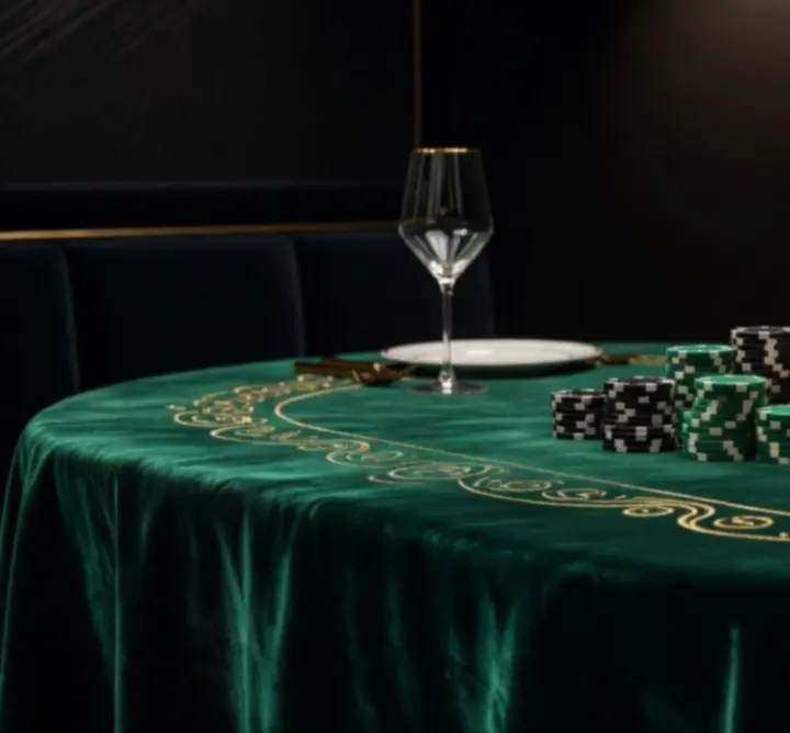 Elegáns éttermi enteriőr kártyaasztallal, smaragdzöld kártyafelülettel és hangulatos fényekkel
